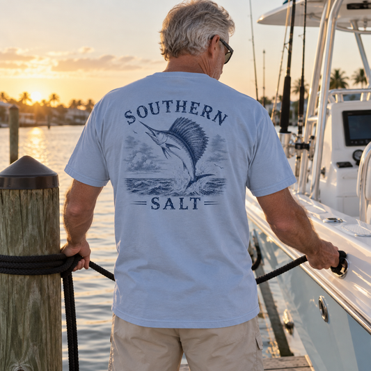 Southern Salt Big Sail - Vintage Pocket Tee in WASHED DENIM, back artwork in a Gulf Coast lifestyle scene.