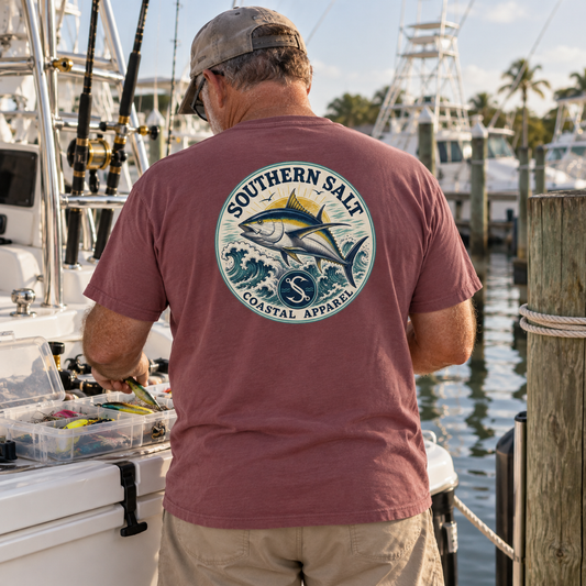 Southern Salt Big Tuna - Vintage Pocket Tee in BRICK, back artwork in a Gulf Coast lifestyle scene.