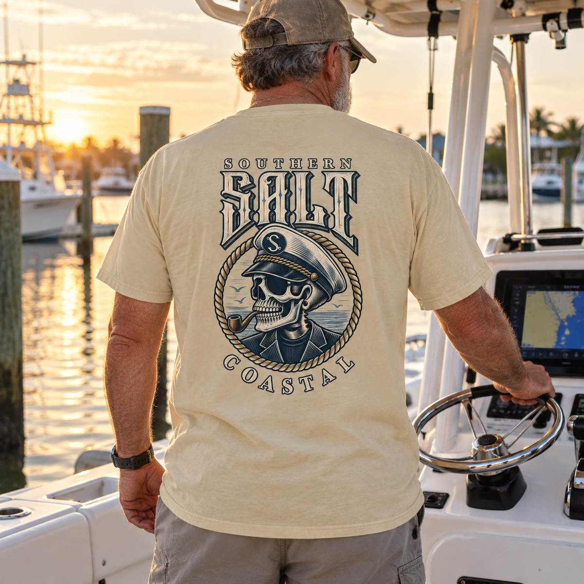 Southern Salt Captain Salt - Vintage Pocket Tee in Butter, back artwork in a Gulf Coast lifestyle scene.