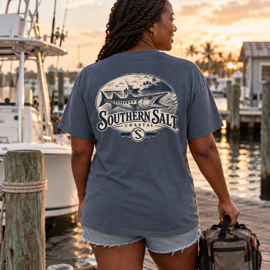 Southern Salt Cuda - Vintage Pocket Tee in China Blue, back artwork in a Gulf Coast lifestyle scene.