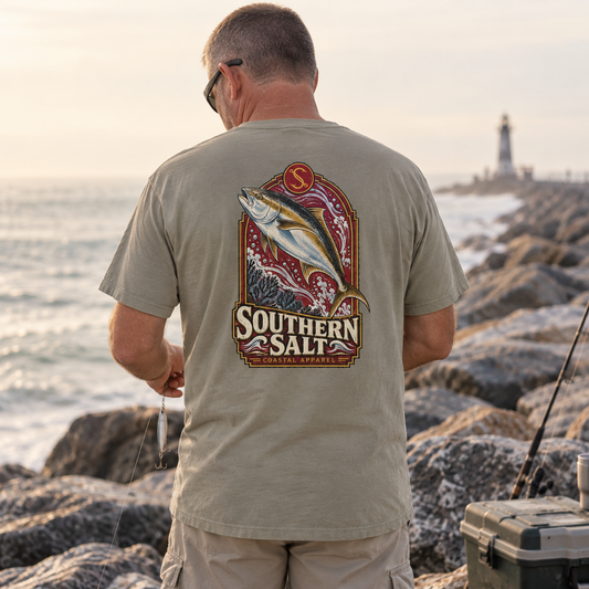 Southern Salt Jack - Vintage Pocket Tee in Sandstone, back artwork in a Gulf Coast lifestyle scene.