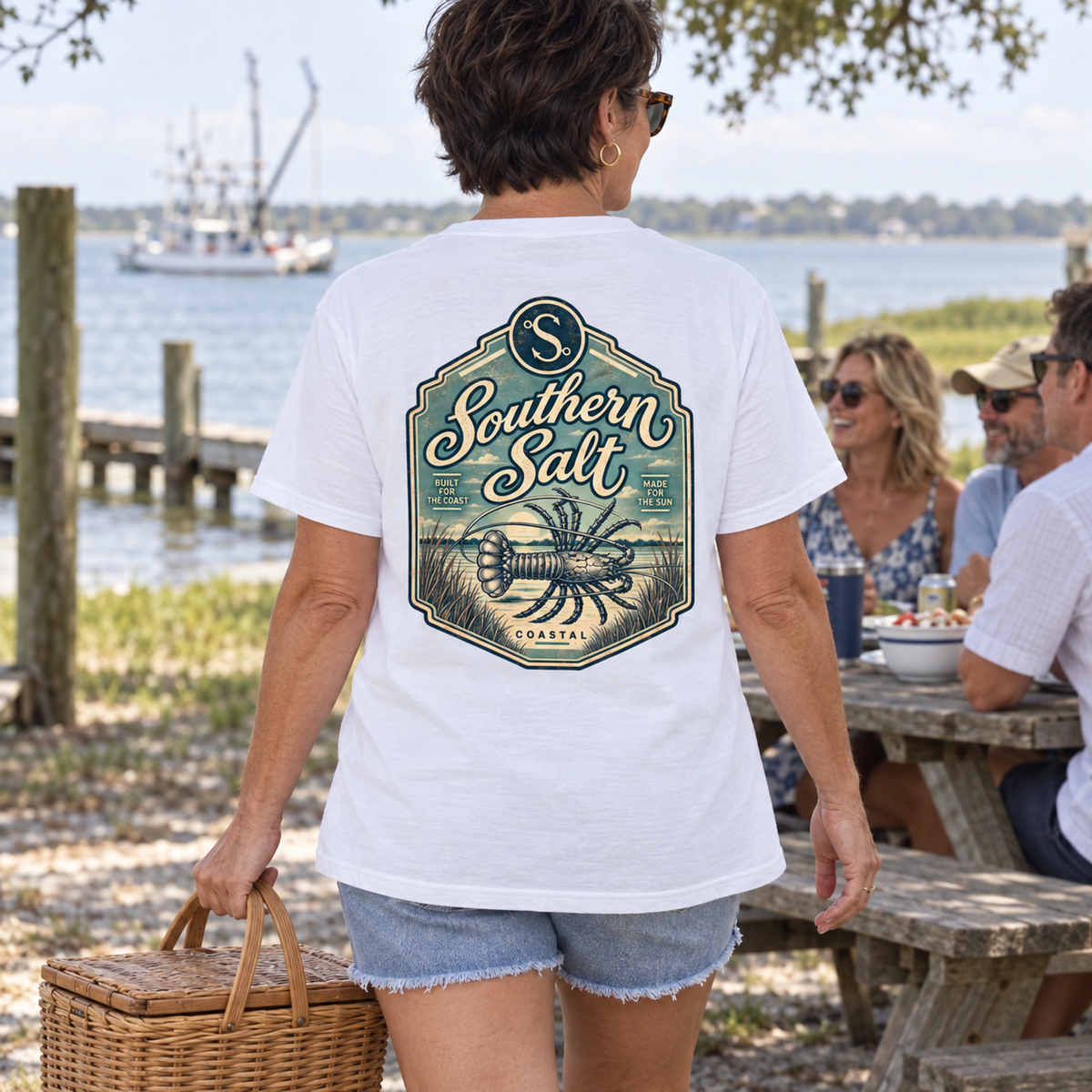 Southern Salt Lobster Roll - Vintage Pocket Tee in Washed White, back artwork in a Gulf Coast lifestyle scene.
