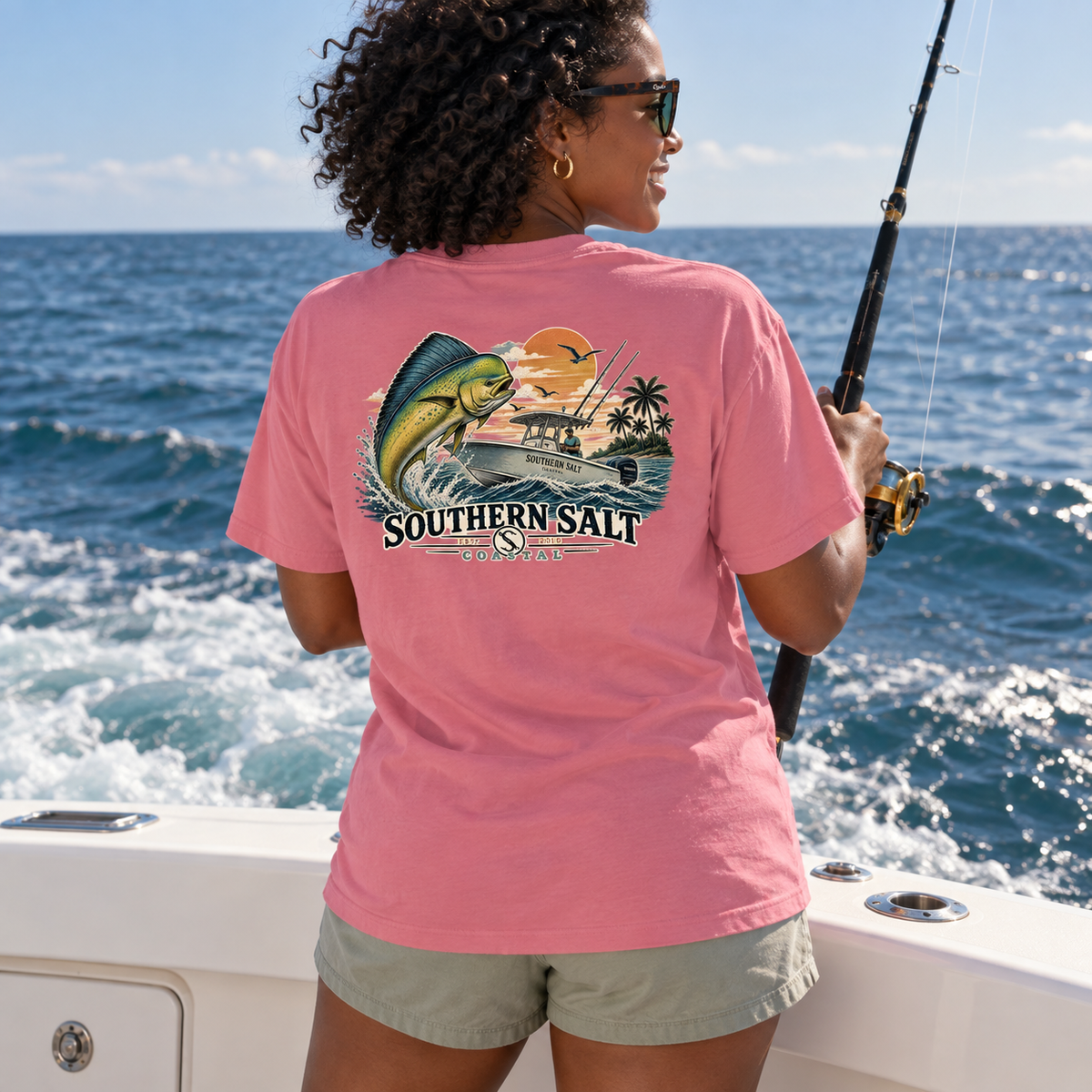 Southern Salt Mahi Monday - Vintage Pocket Tee in WATERMELON, back artwork in a Gulf Coast lifestyle scene.
