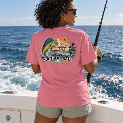 Southern Salt Mahi Monday - Vintage Pocket Tee in WATERMELON, back artwork in a Gulf Coast lifestyle scene.
