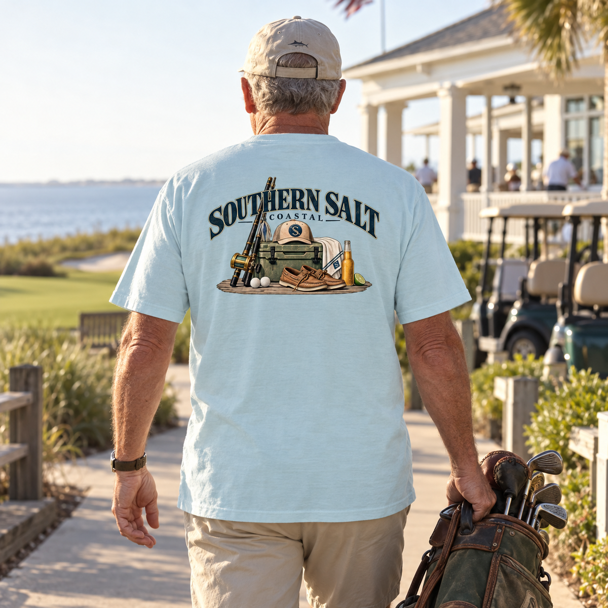 Southern Salt Old Money - Vintage Pocket Tee in Chambray, back artwork in a Gulf Coast lifestyle scene.