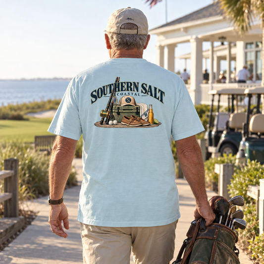 Southern Salt Old Money - Vintage Pocket Tee in Chambray, back artwork in a Gulf Coast lifestyle scene.