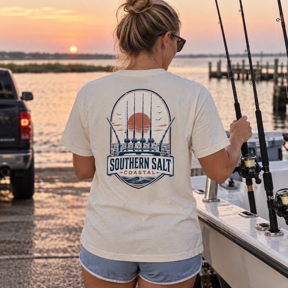 Southern Salt Reels Up - Vintage Pocket Tee in IVORY, back artwork in a Gulf Coast lifestyle scene.