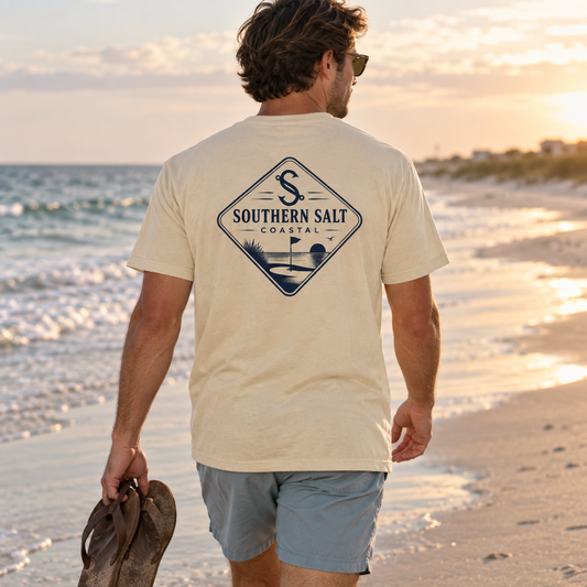 Southern Salt - Salt and Sand - Vintage Pocket Tee in BANANA, back artwork in a Gulf Coast lifestyle scene.