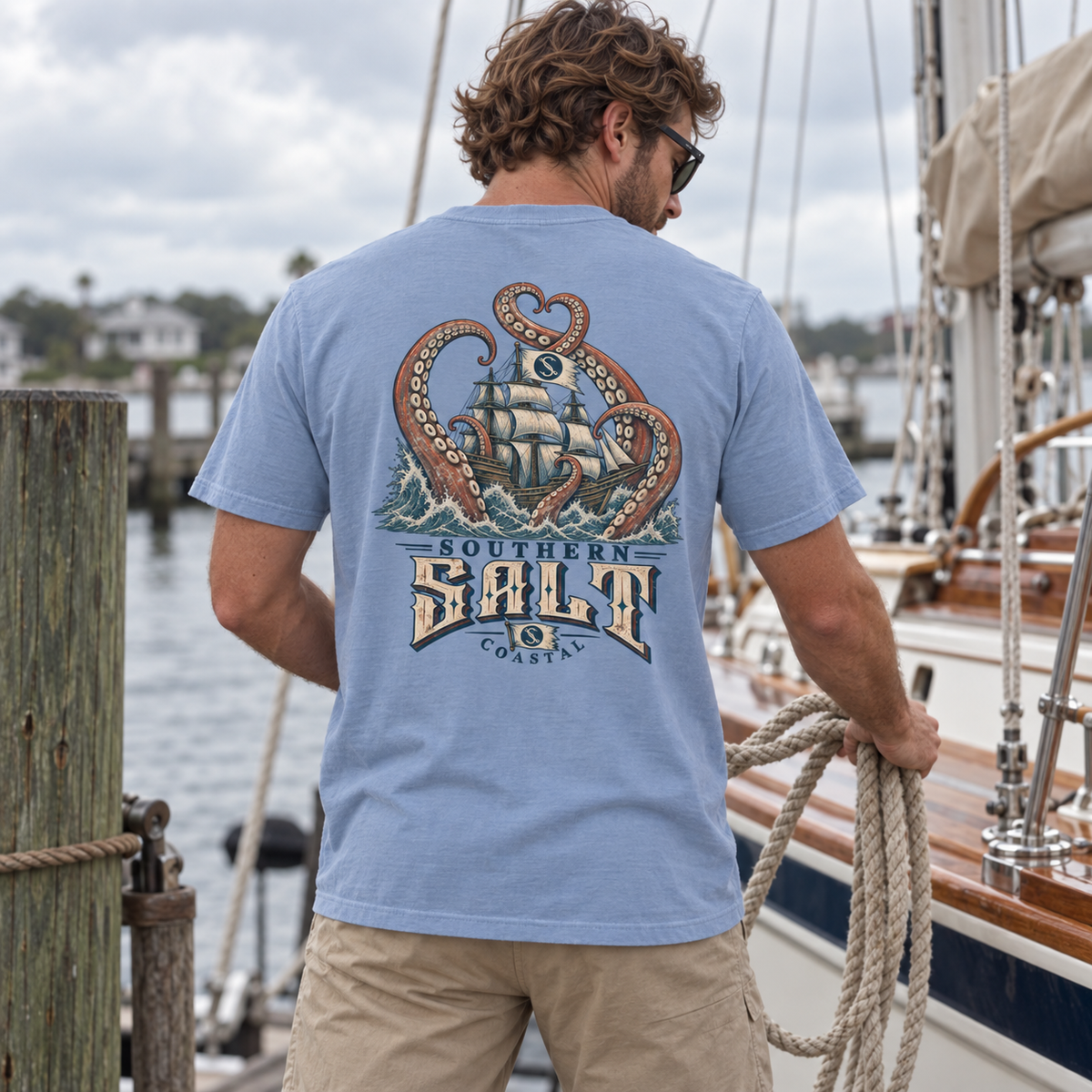 Southern Salt Sea Legs - Vintage Pocket in Washed Denim, back artwork in a Gulf Coast lifestyle scene.
