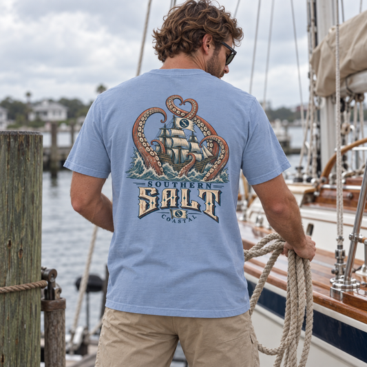 Southern Salt Sea Legs - Vintage Pocket in Washed Denim, back artwork in a Gulf Coast lifestyle scene.