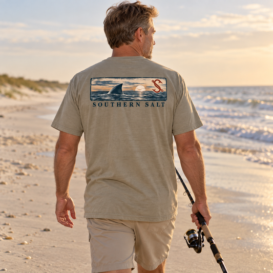 Southern Salt Shark Bait - Vintage Pocket Tee in Sandstone, back artwork in a Gulf Coast lifestyle scene.