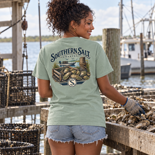 Southern Salt Shucked pocket tee in Bay, back artwork at a Gulf Coast oyster waterfront.