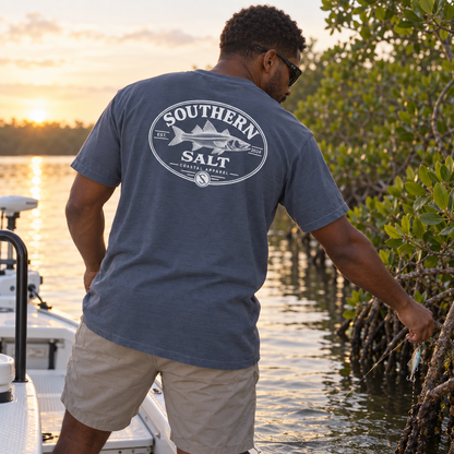 Southern Salt Snooked - Vintage Pocket Tee in MIDNIGHT, back artwork in a Gulf Coast lifestyle scene.