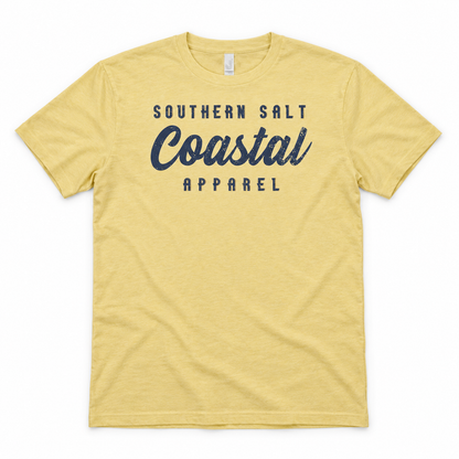Southern Salt Vintage Brand Classic Fit Tee – pale yellow front flat lay mockup
